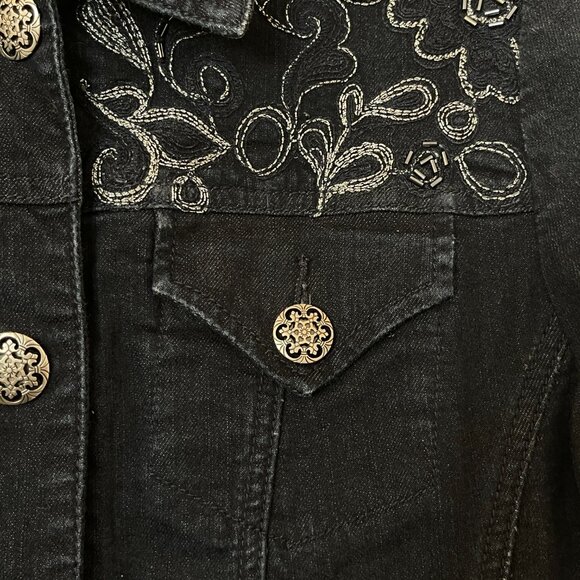 Chico's Platinum Jean Denim Jacket 0 Small Black Silver Buttons Stitching Beaded - Picture 3 of 8